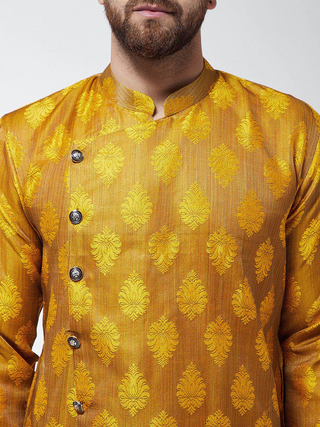 SOJANYA Lelaki Mustard Jacquard Silk Sulam Kurta Lurus