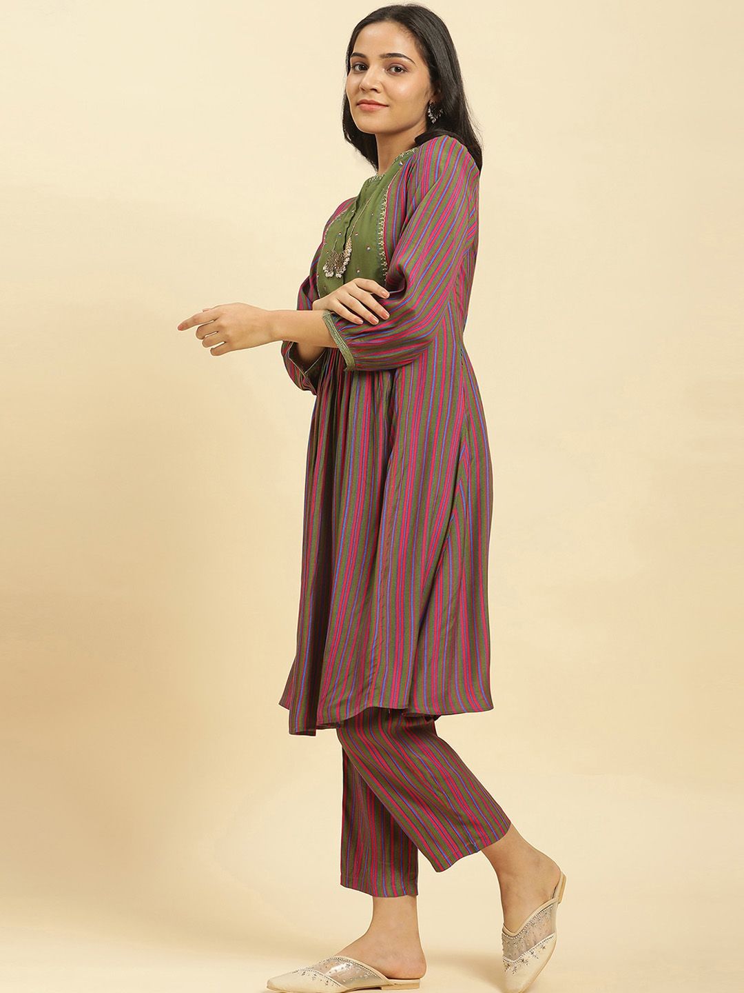 W Striped Thread Work A-Line Kurta with Trousers
