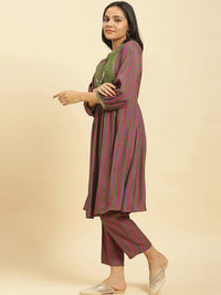 W Striped Thread Work A-Line Kurta with Trousers
