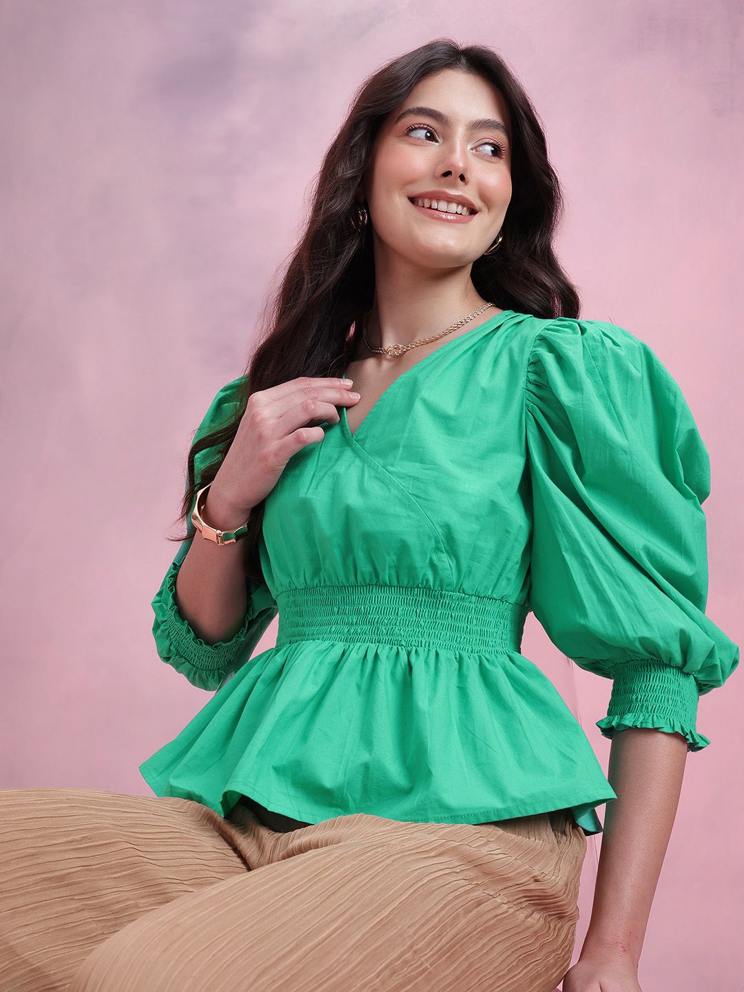 DressBerry Smocked Pure Cotton Peplum Top