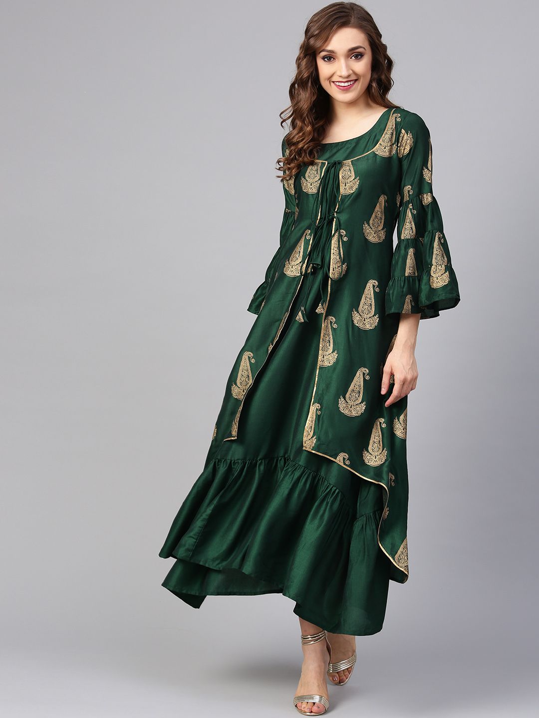Libas Women Green & Golden Printed Maxi Dress With Ethnic Jacket