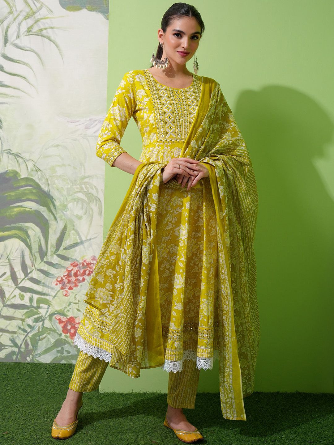 Vishudh Olive Green Printed Thread Work Pure Cotton Anarkali Kurta With Trousers & Dupatta