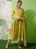 Vishudh Olive Green Printed Thread Work Pure Cotton Anarkali Kurta With Trousers & Dupatta
