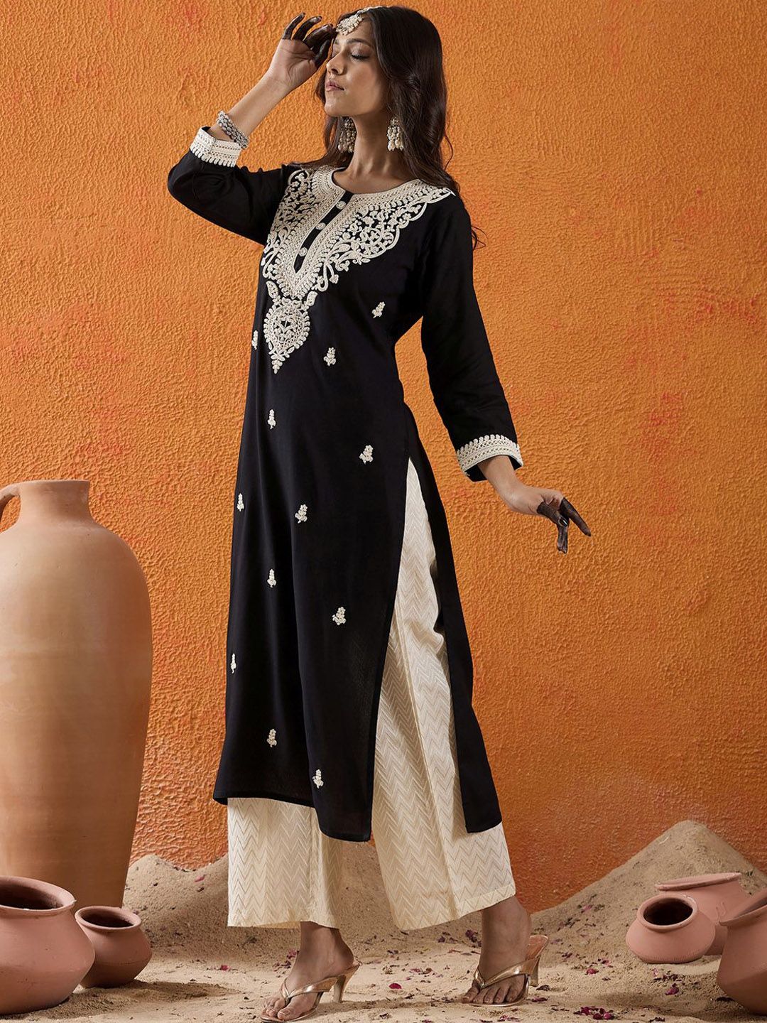 Indo Era Floral Embroidered Thread Work Straight Kurta