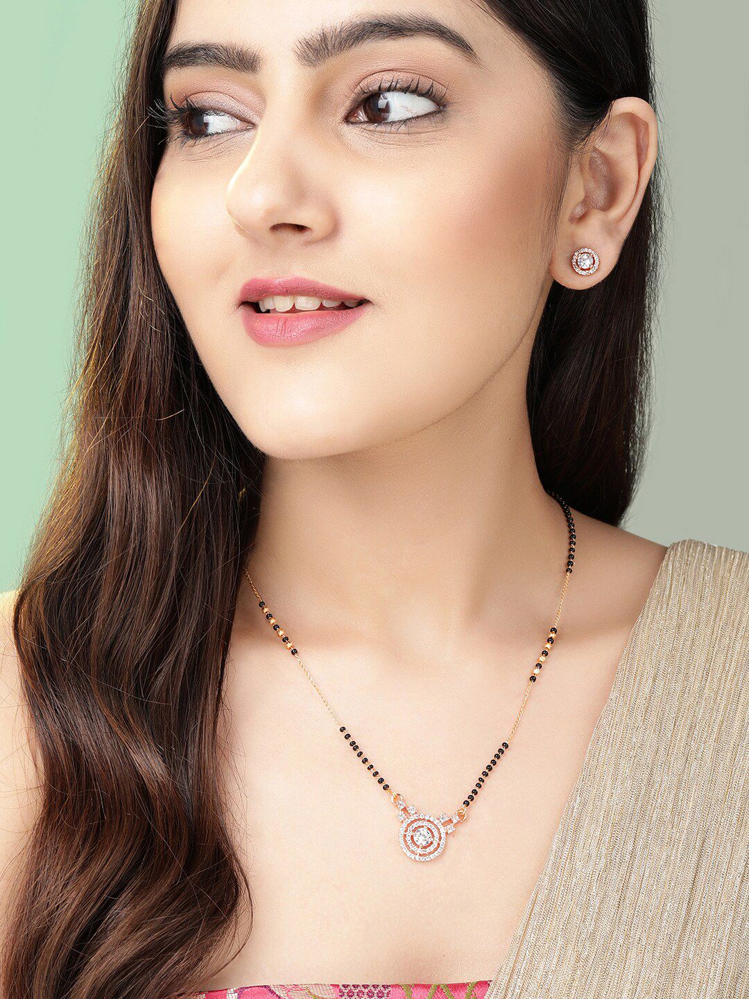 Rubans 18K Rose Gold-Plated Cubic Zirconia Studded Mangalsutra Set with Black Beads