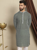 Anouk Green Geometric Embroidered Mandarin Collar Chikankari Pure Cotton Straight Kurta