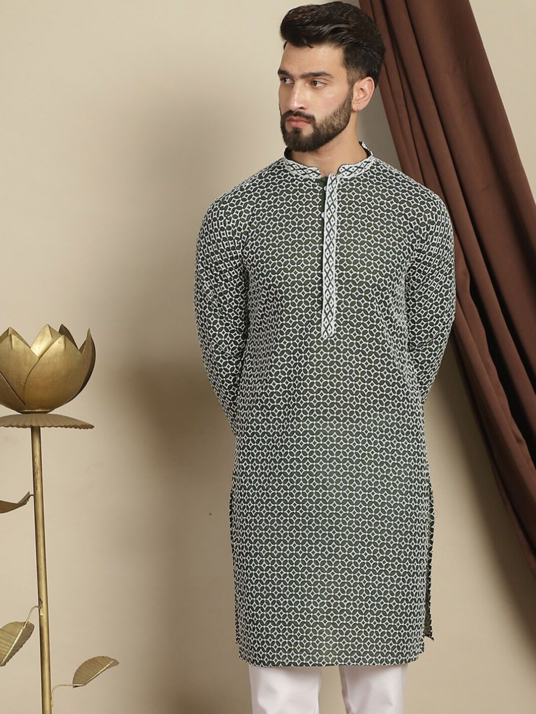 Anouk Green Geometric Embroidered Mandarin Collar Chikankari Pure Cotton Straight Kurta