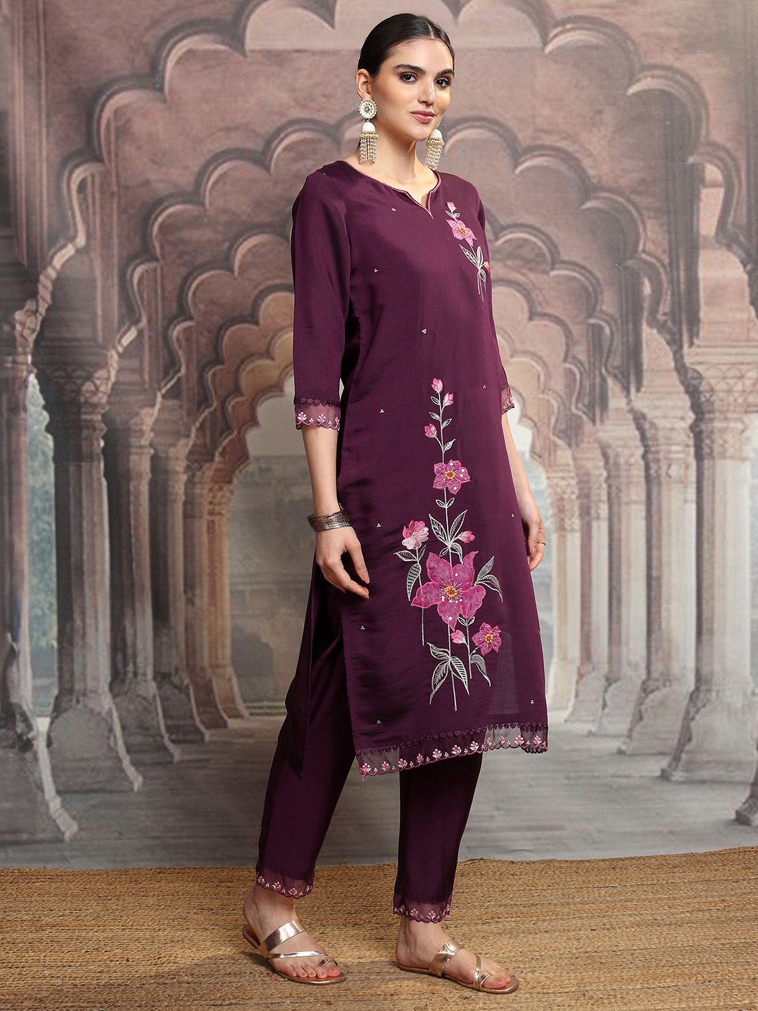 Vishudh Floral Embroidered Regular Kurta with Trouser & Dupatta