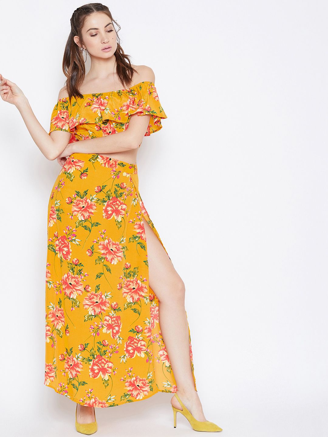 Berrylush Women Yellow & Pink Floral Printed Top with Skirt