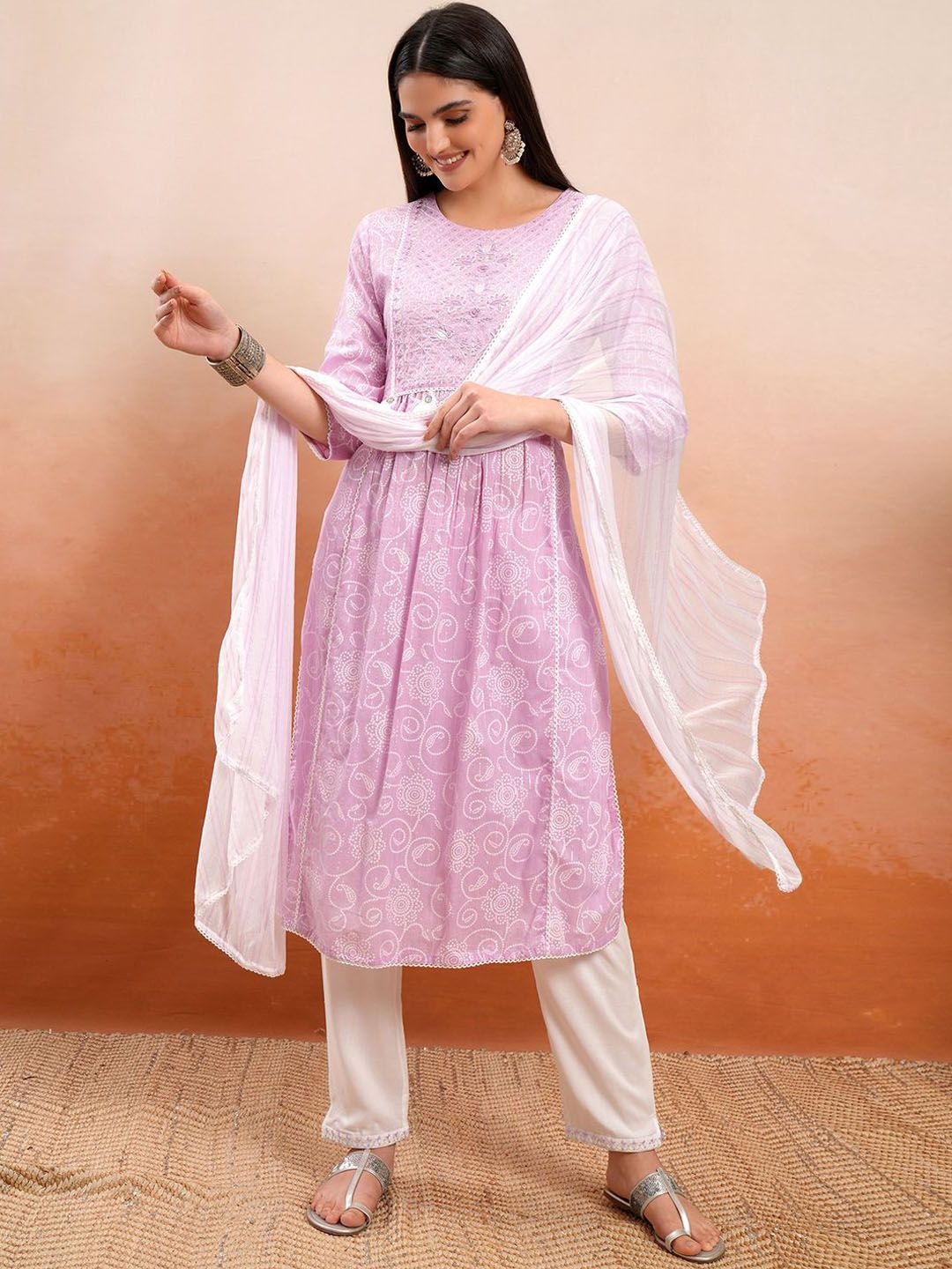 Vishudh Ethnic Motifs Printed Sequinned Pure Cotton A Line Kurta & Trousers With Dupatta