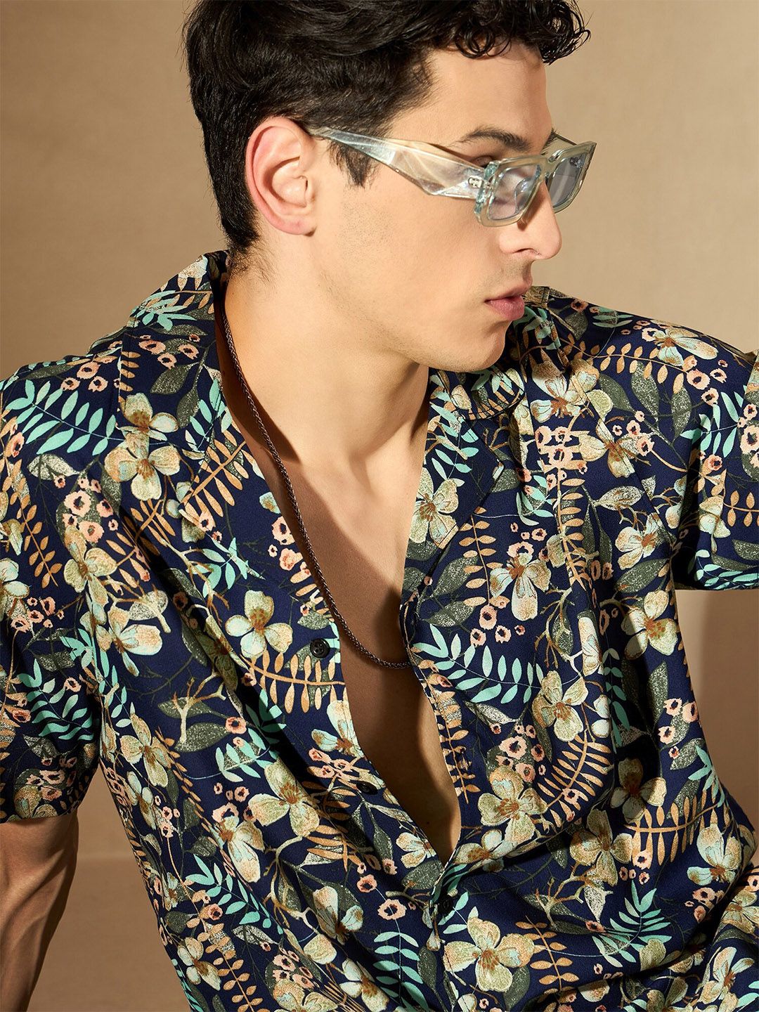 DENNISON Floral Printed Cuban Collar Smart Oversized Casual Shirt