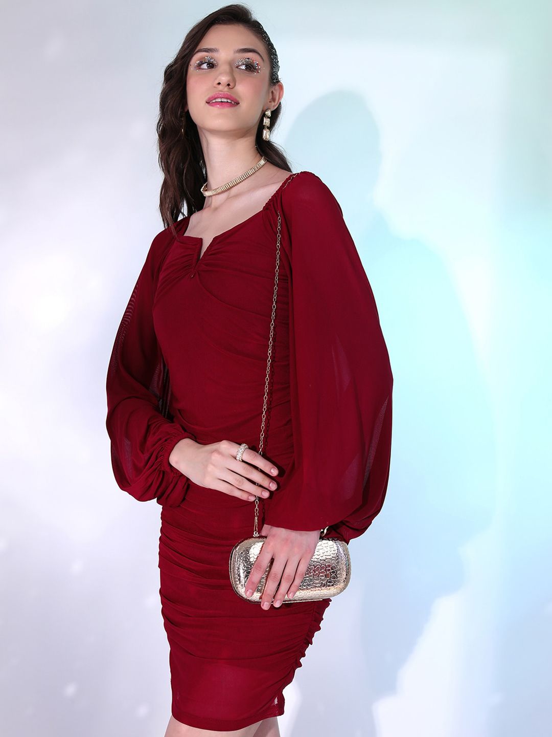 Tokyo Talkies Ruched Square Neck Long Puff Sleeve Bodycon Dress