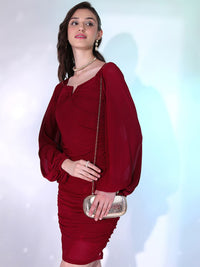 Tokyo Talkies Ruched Square Neck Long Puff Sleeve Bodycon Dress