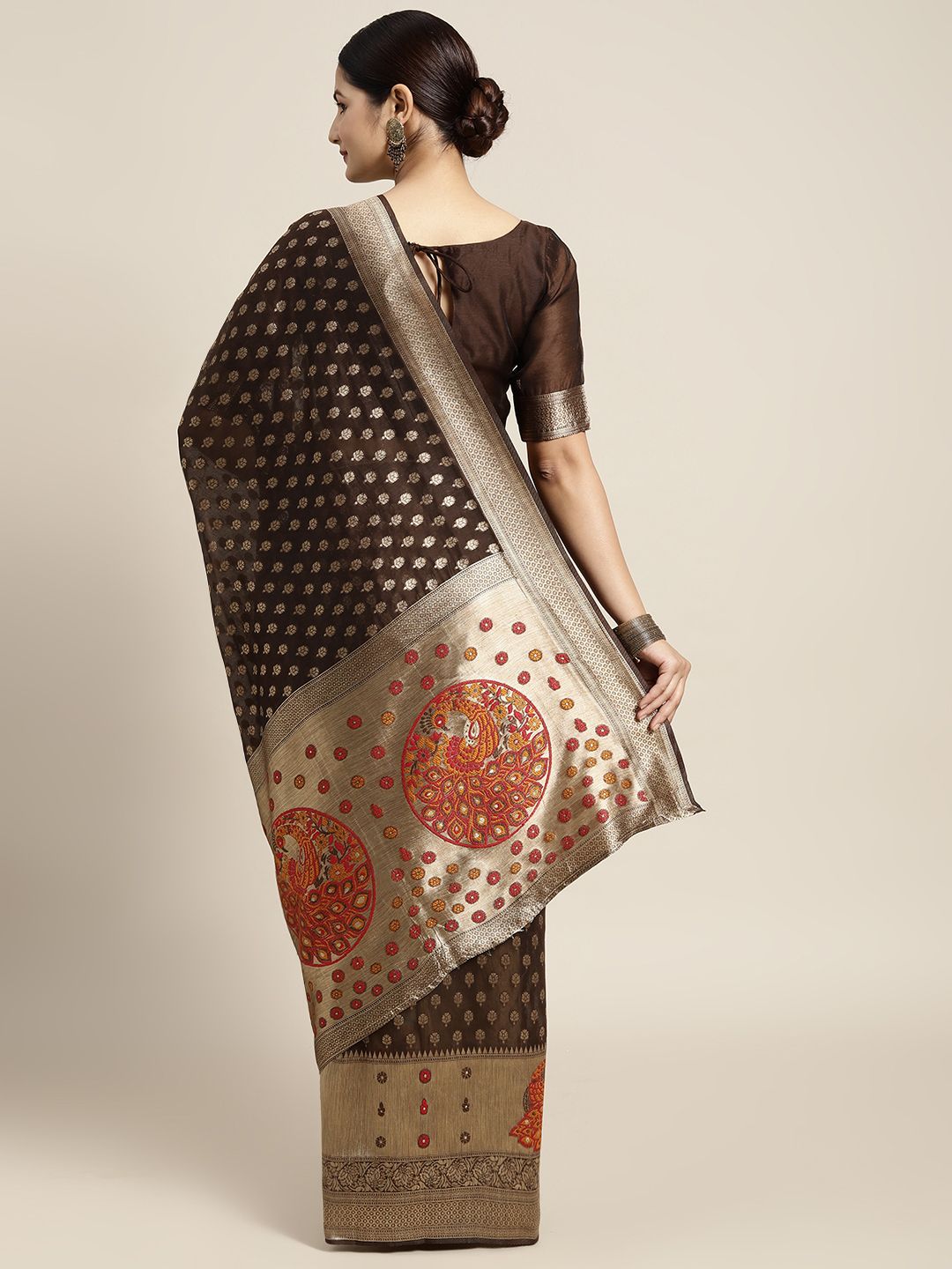 Saree mall Brown & Golden Cotton Silk Woven Design Banarasi Saree