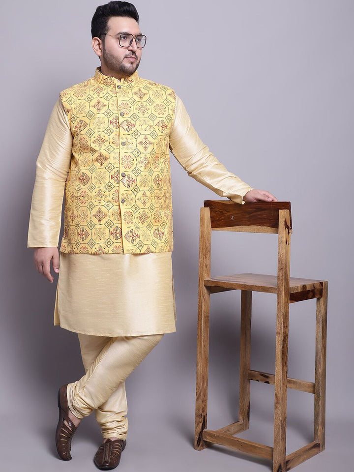 SOJANYA PLUS Plus Size Dupion Silk Straight Kurta With Pyjamas & Printed Nehru Jacket