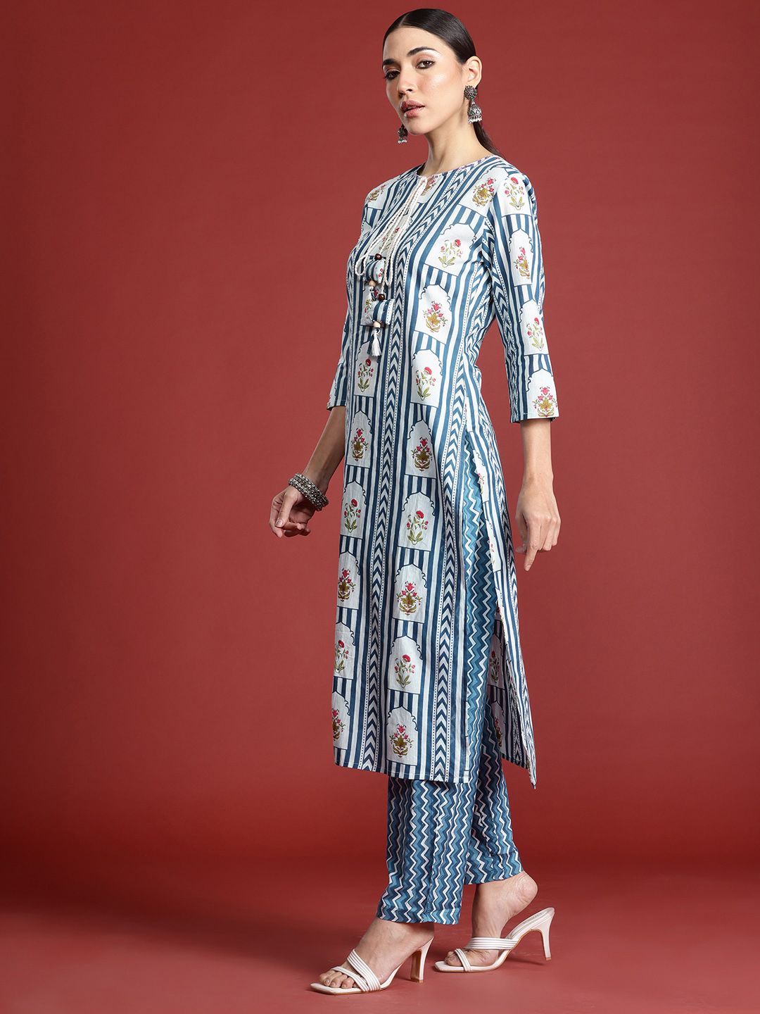 Indo Era Ethnic Motifs Printed Sequinned Pure Cotton Kurta with Trousers & With Dupatta
