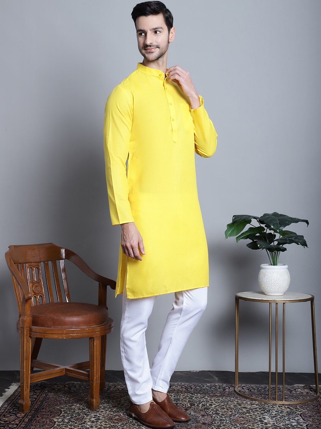 Jompers Band Collar Regular Pure Cotton Kurta with Churidar