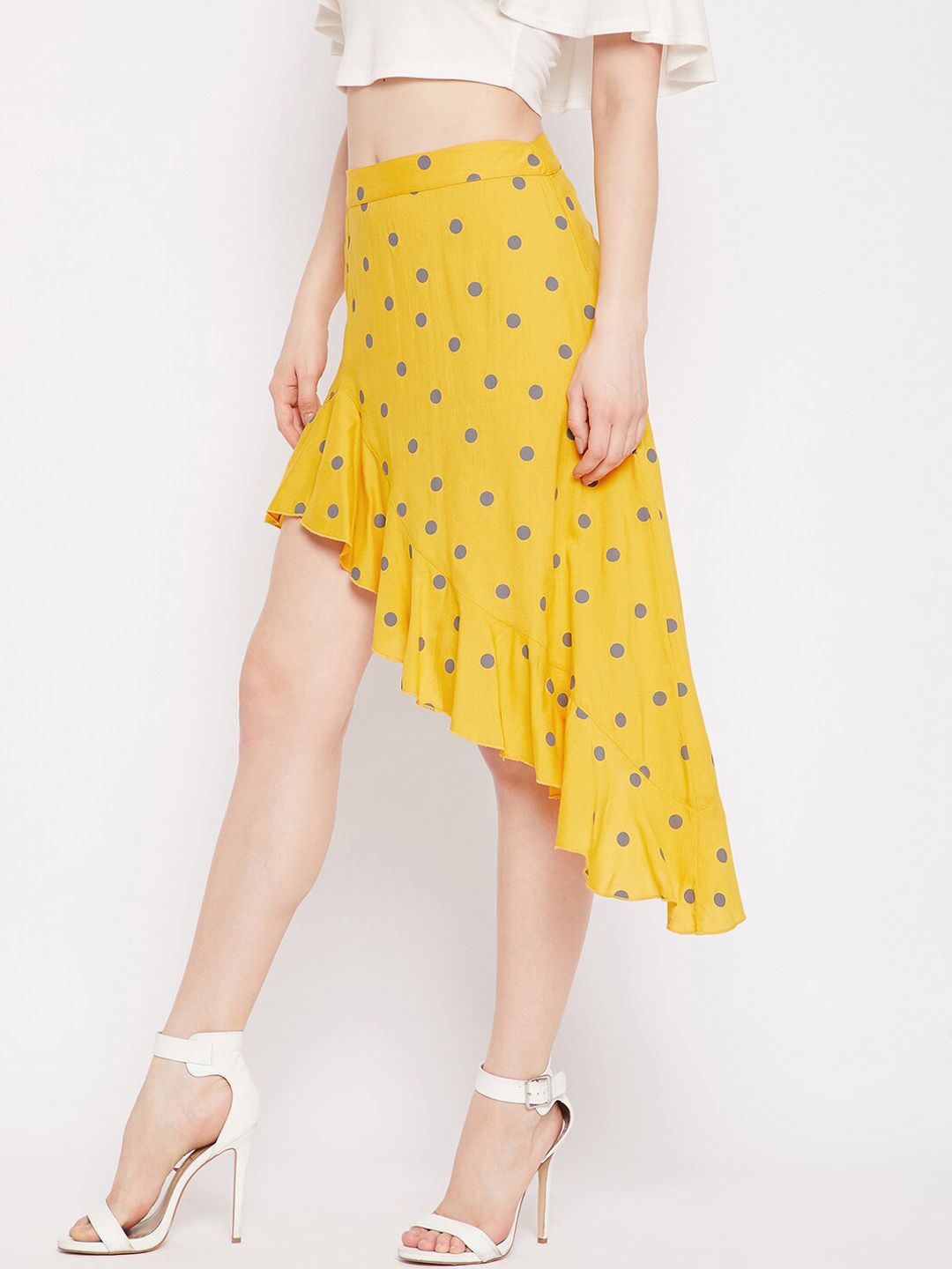Berrylush Women Yellow & Purple Polka Dot Printed A-line Midi Asymmetric Ruffled Hem Skirt
