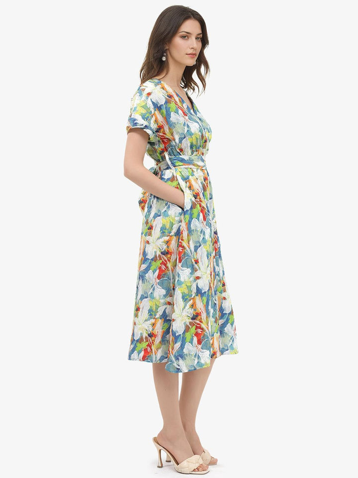 RAREISM V Neck Floral Printed Fit & Flare Midi Dress