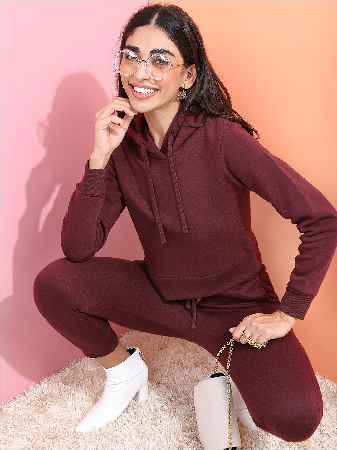 Tokyo Talkies Women Burgundy Hooded Sweatshirt