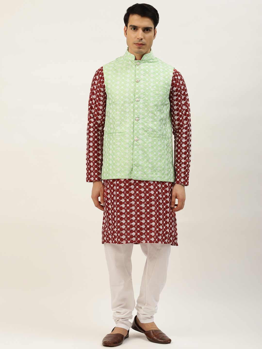 SOJANYA Men Maroon Chikankari Embroidered Kurta with Churidar & Nehru Jacket