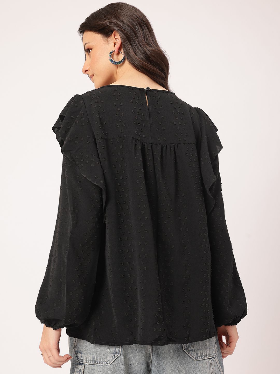 DressBerry Muted Melodies Dobby Weave Lace Inserts Ruffled Top