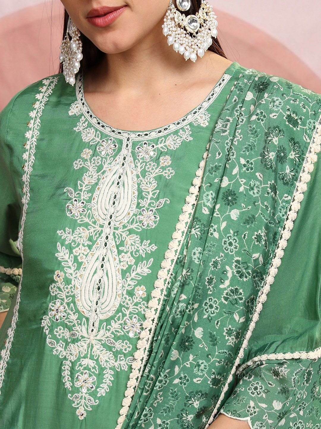 Vishudh Green Embroidered Regular Thread Work Kurta with Trousers & Dupatta