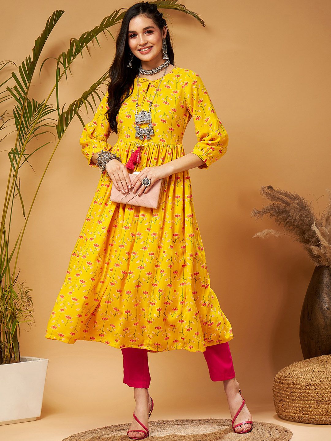 Shae by SASSAFRAS Yellow Ethnic Motifs Printed Tie-Up Neck A-Line Kurta
