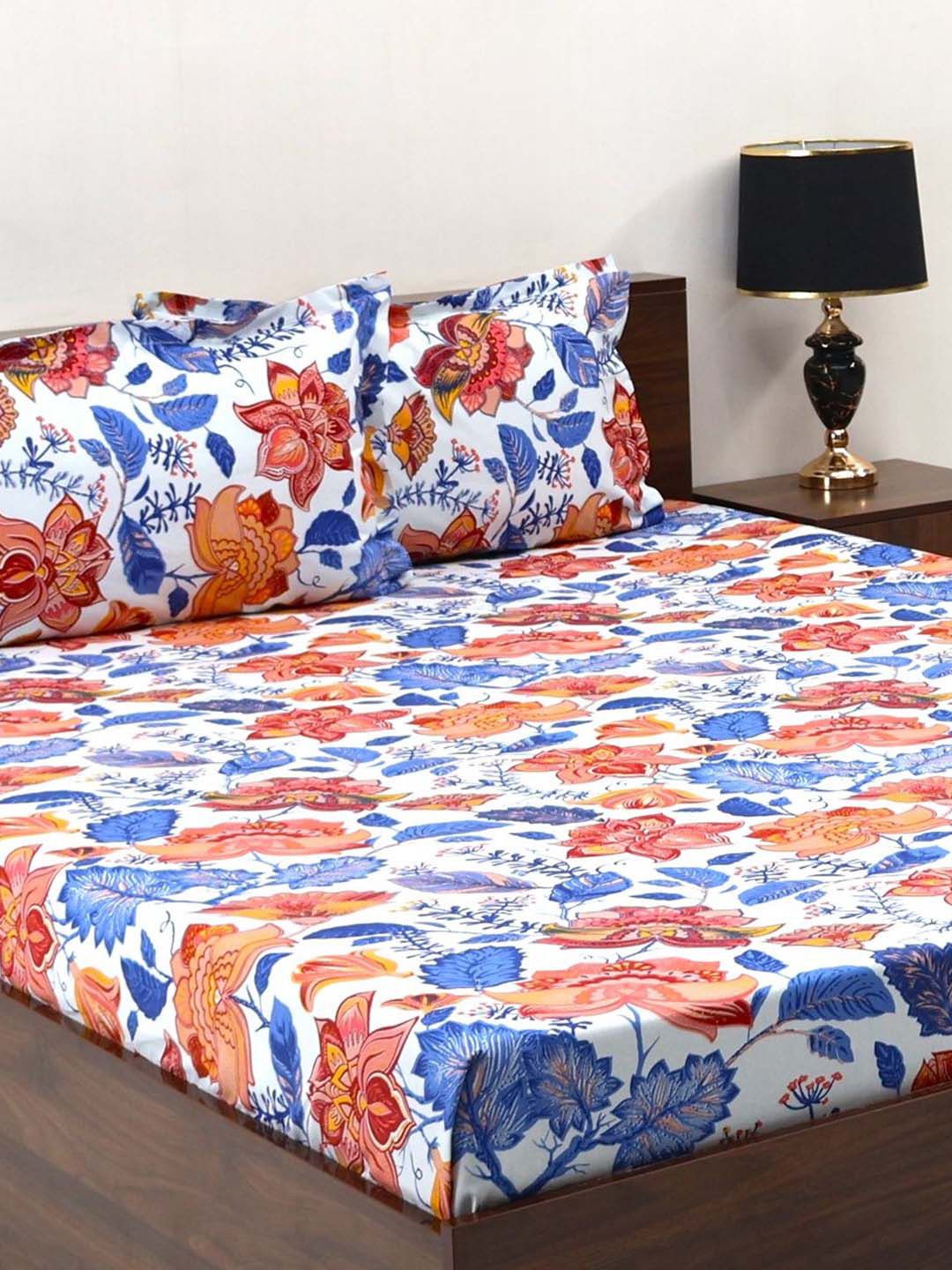 BOMBAY DYEING Cardinal Blue & White Floral 120 TC Cotton Queen Bedsheet-2.24 m X 2.54 m