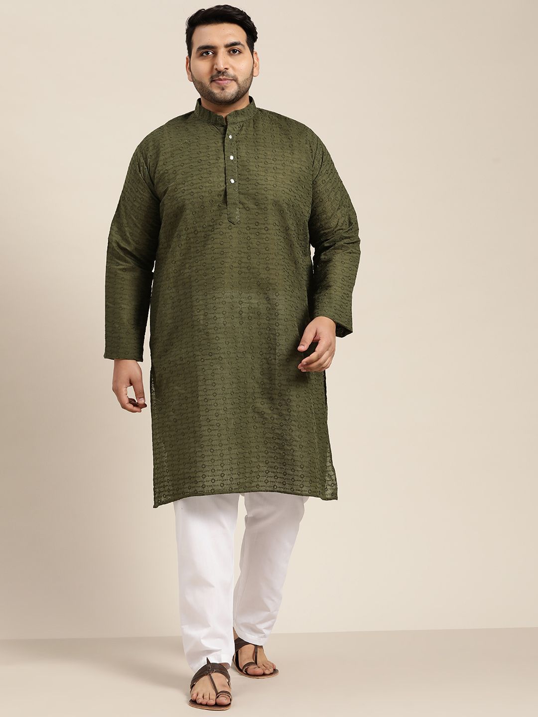 SOJANYA PLUS Size Men Olive Green Geometric Embroidered Pure Cotton Kurta