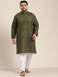 SOJANYA PLUS Size Men Olive Green Geometric Embroidered Pure Cotton Kurta