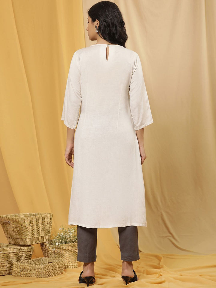 W Woven Design Floral Printed Round Neck Calf Length A-Line Kurta with Trouser