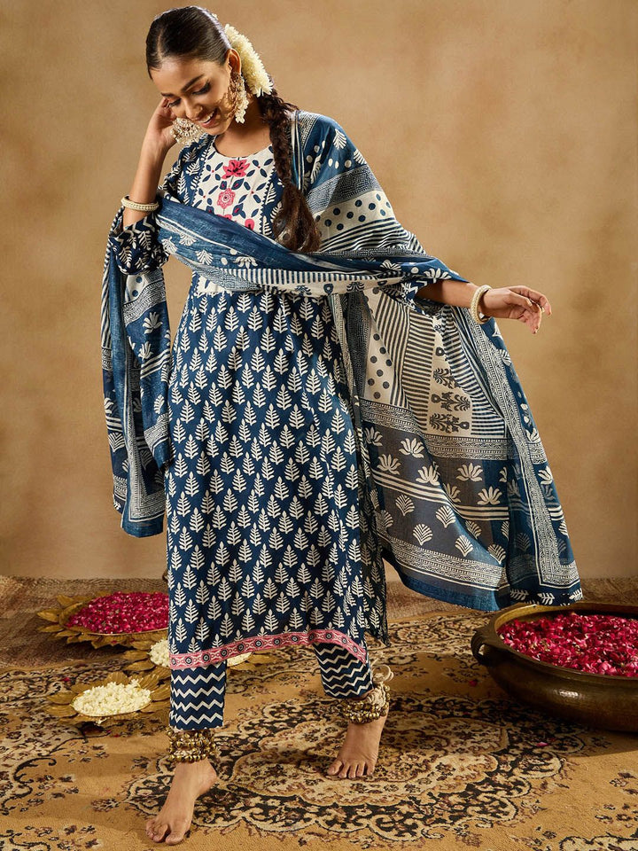 Indo Era Ethnic Motifs Printed Thread Work Pure Cotton Straight Kurta & Trousers & Dupatta