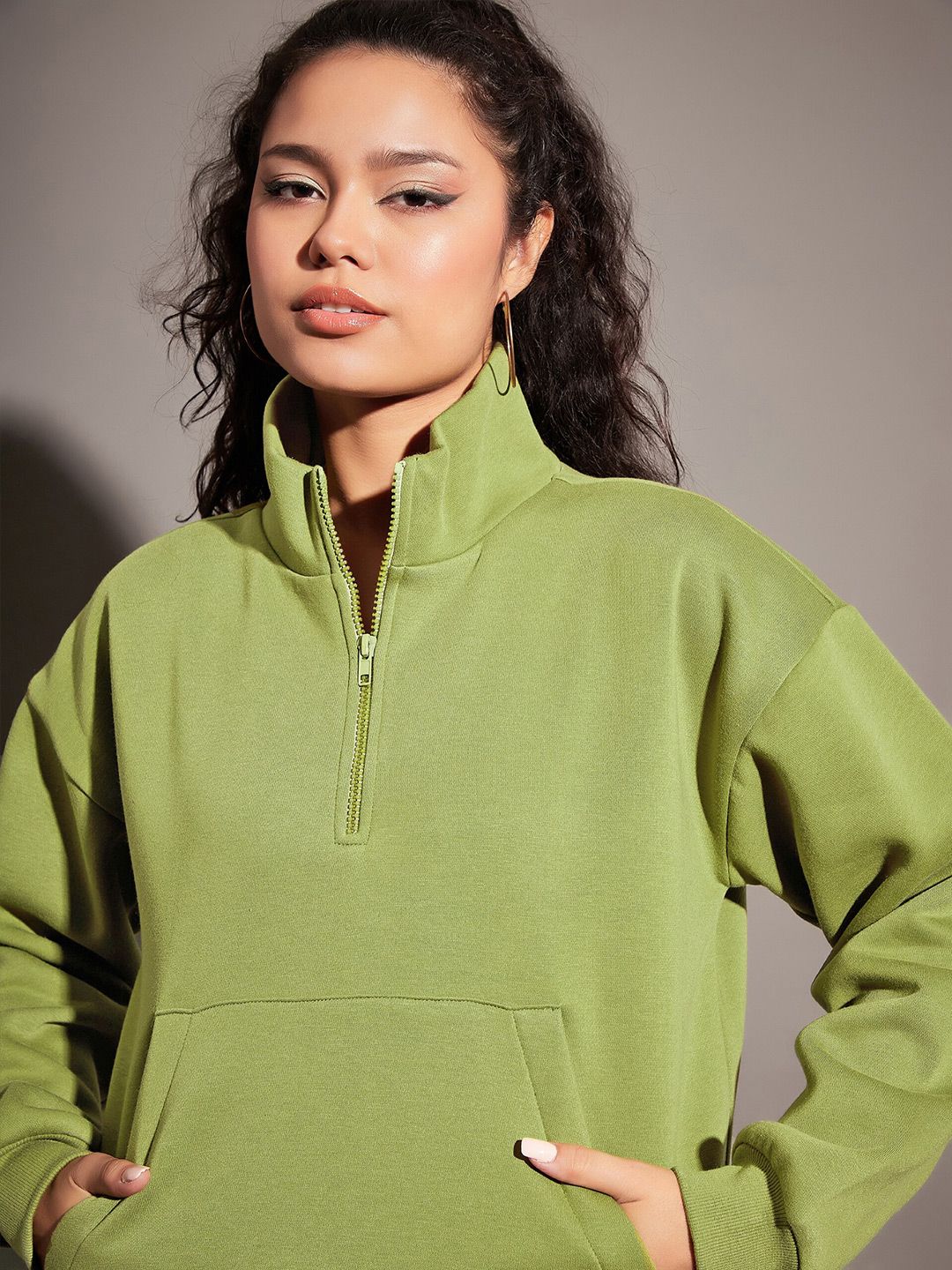SASSAFRAS Olive Green Mock Collar Sweatshirt