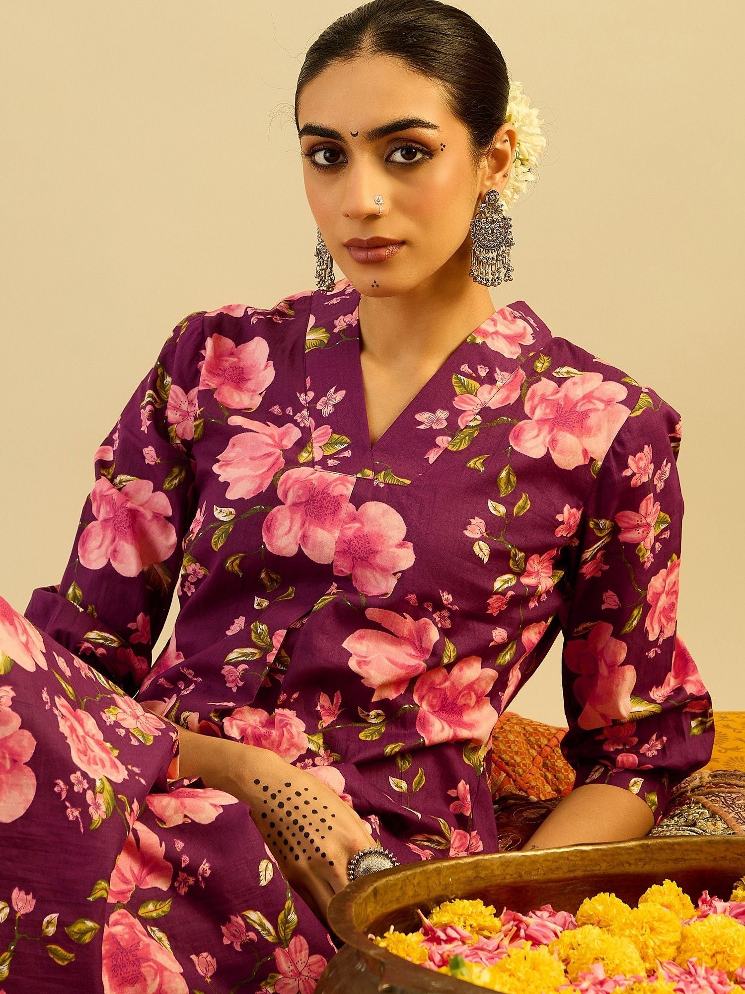 Indo Era Floral Printed V-Neck Pure Cotton A-Line Kurta with Trouser