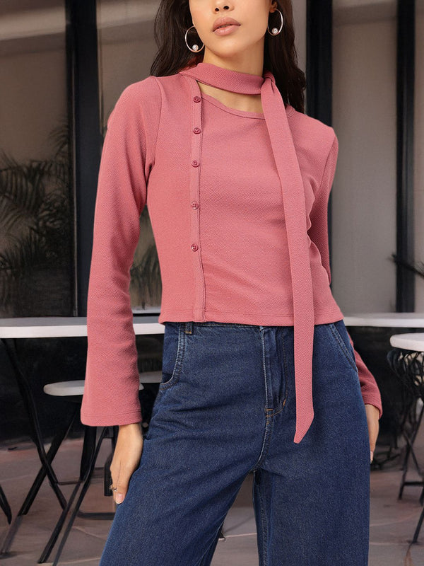 DressBerry Street Texture Button Detail Scarf Neck Top