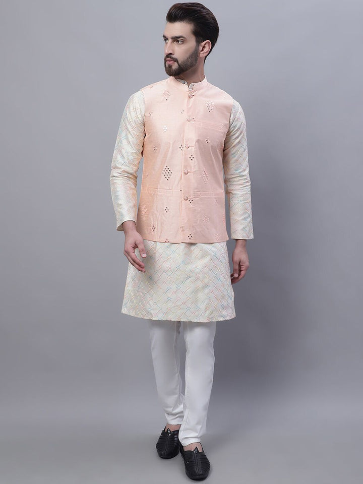 SOJANYA Embroidered Mandarin Collar Kurta with Churidar & Nahru Jacket