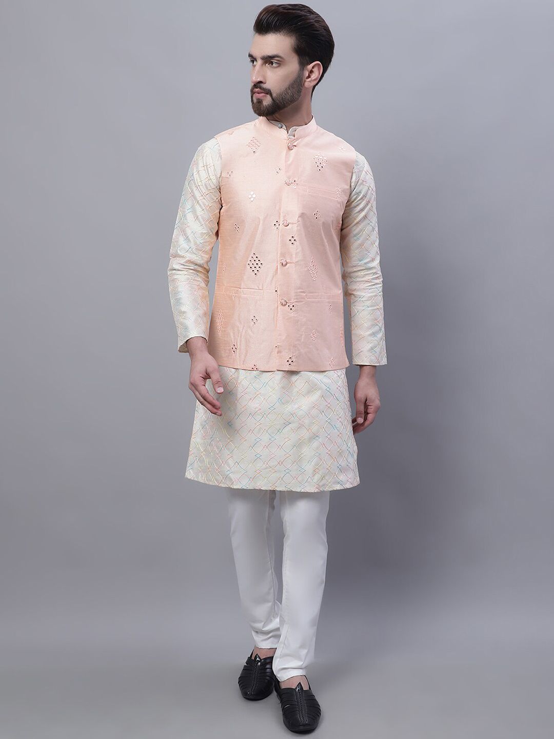 SOJANYA Embroidered Mandarin Collar Kurta with Churidar & Nahru Jacket