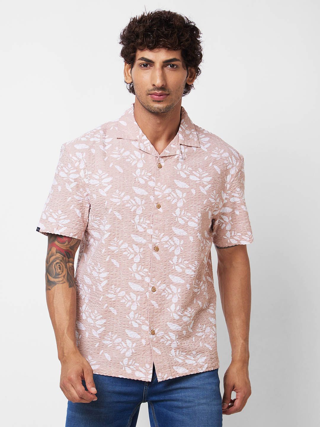 SPYKAR Floral Printed Cuban Collar Cotton Casual Shirt