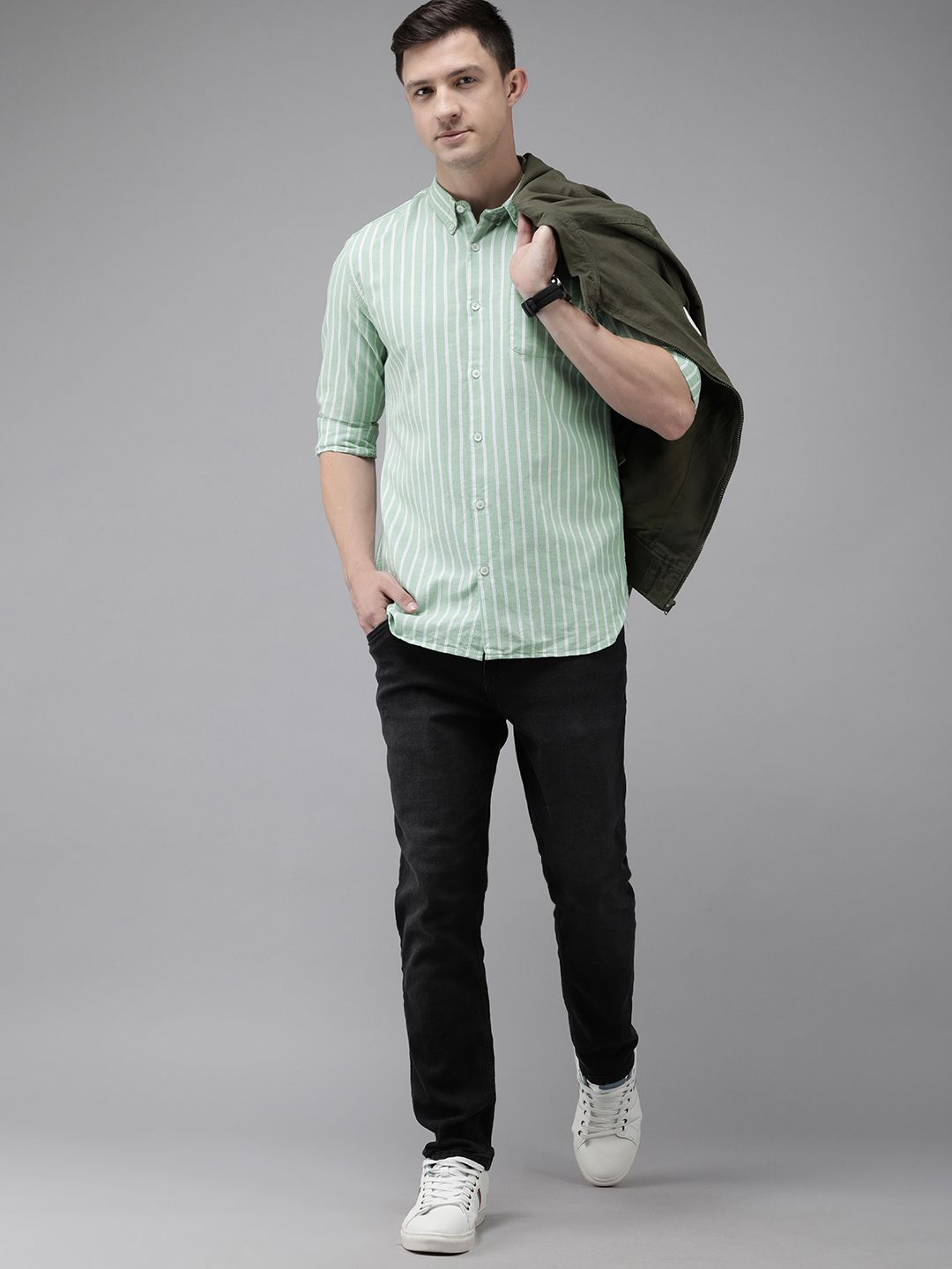 THE BEAR HOUSE Men Green Pure Cotton Slim Fit Striped Casual Shirt