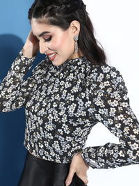 STREET 9 Black Floral Print Chiffon Blouson Top