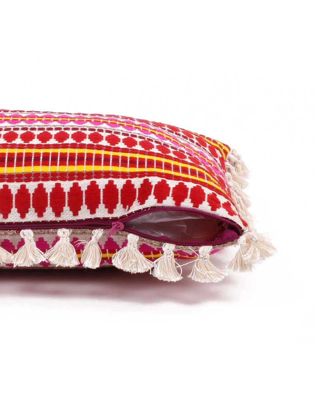 STITCHNEST Red & White 2-Pieces Embroidered Woollen Rectangle Cushion Covers