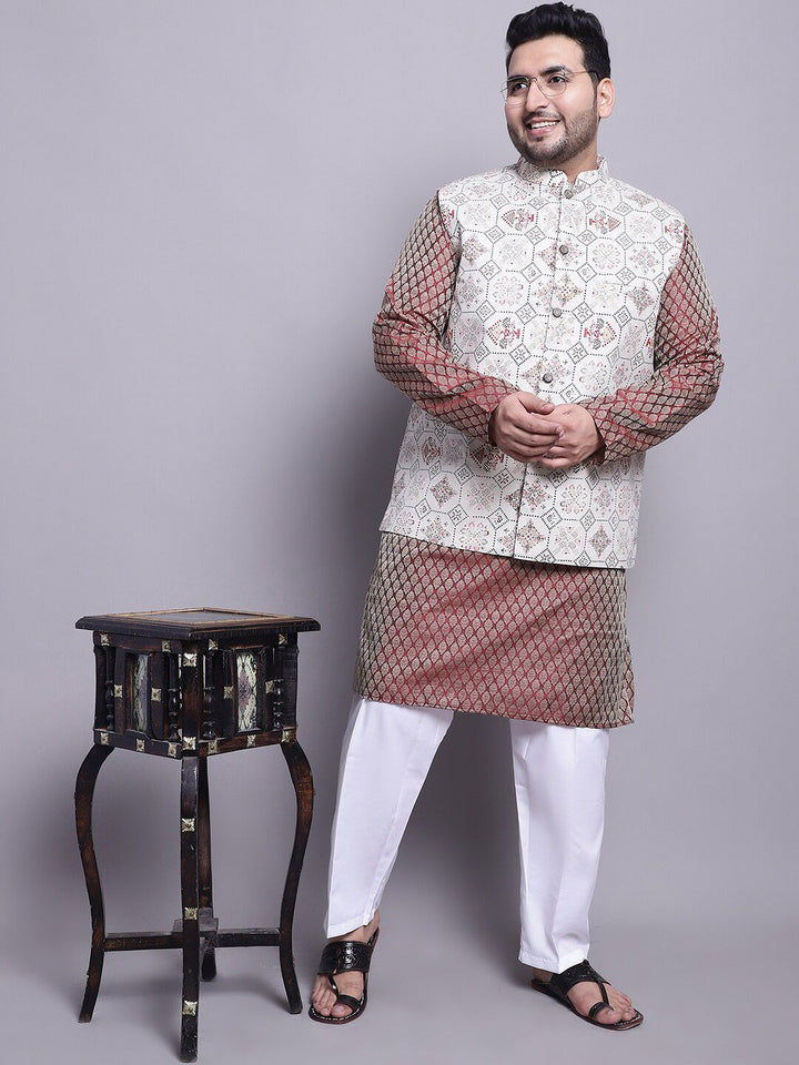 SOJANYA PLUS Plus Size Woven Design Kurta With Pyjamas & Printed Nehru Jacket