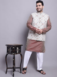 SOJANYA PLUS Plus Size Woven Design Kurta With Pyjamas & Printed Nehru Jacket