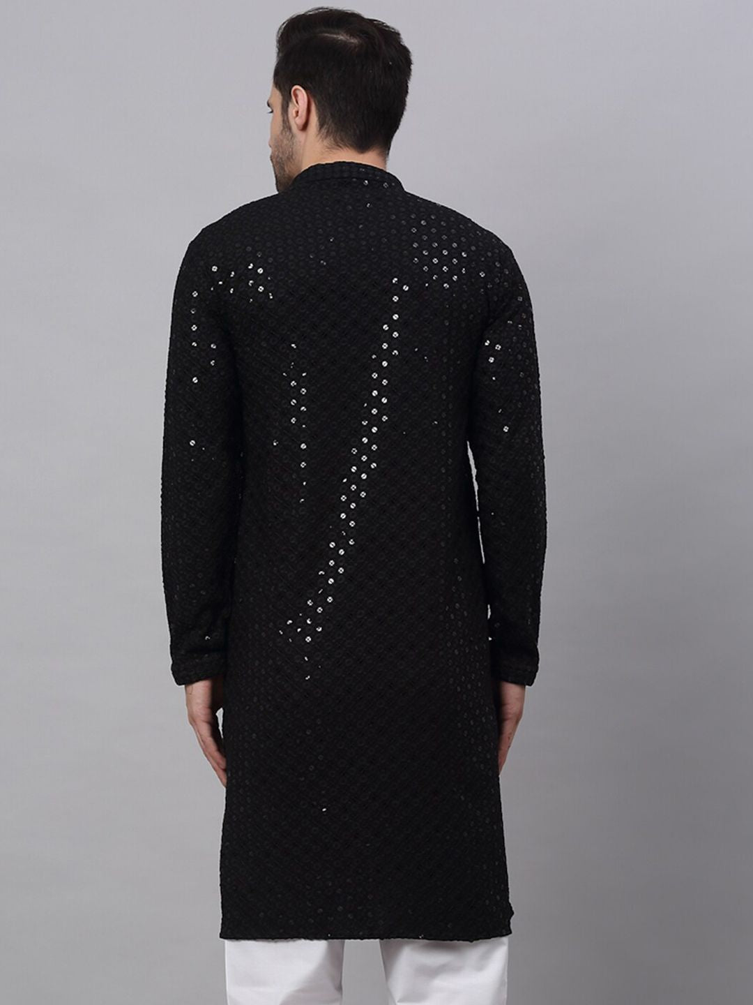 Jompers Men Black Floral Embroidered Sequined Cotton Kurta
