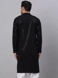 Jompers Men Black Floral Embroidered Sequined Cotton Kurta