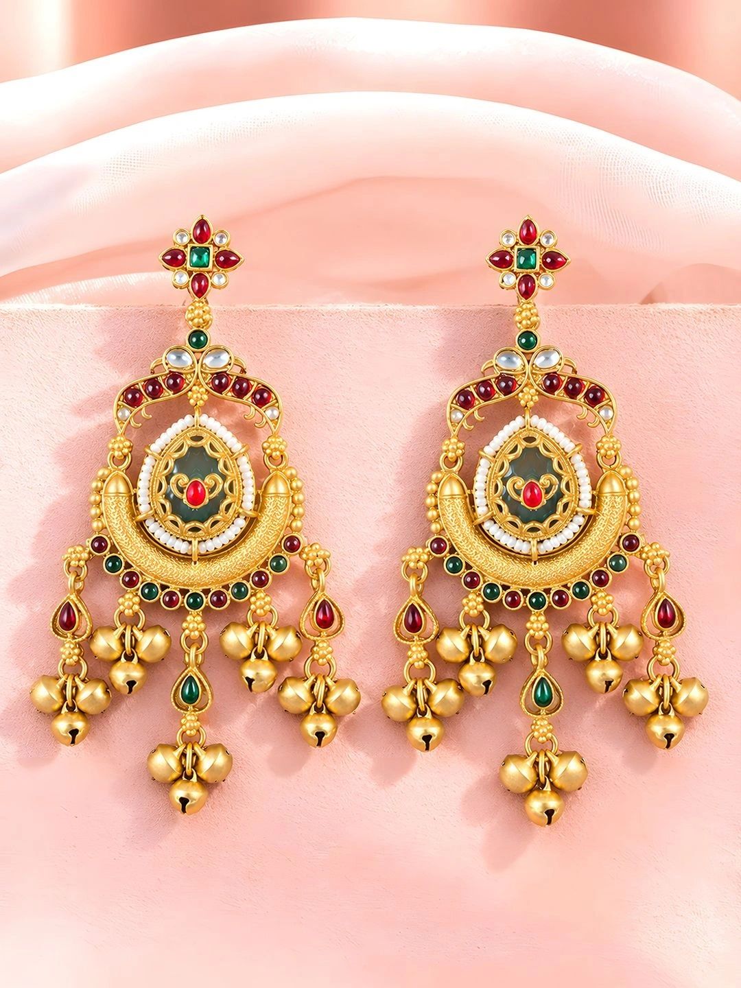 Gold-Toned Multi-Coloured Meenakari Kashmiri Style Kundan Ghungroo Drop Earrings