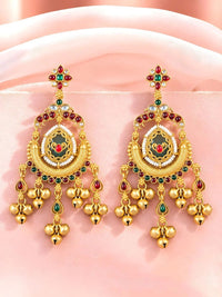 Gold-Toned Multi-Coloured Meenakari Kashmiri Style Kundan Ghungroo Drop Earrings