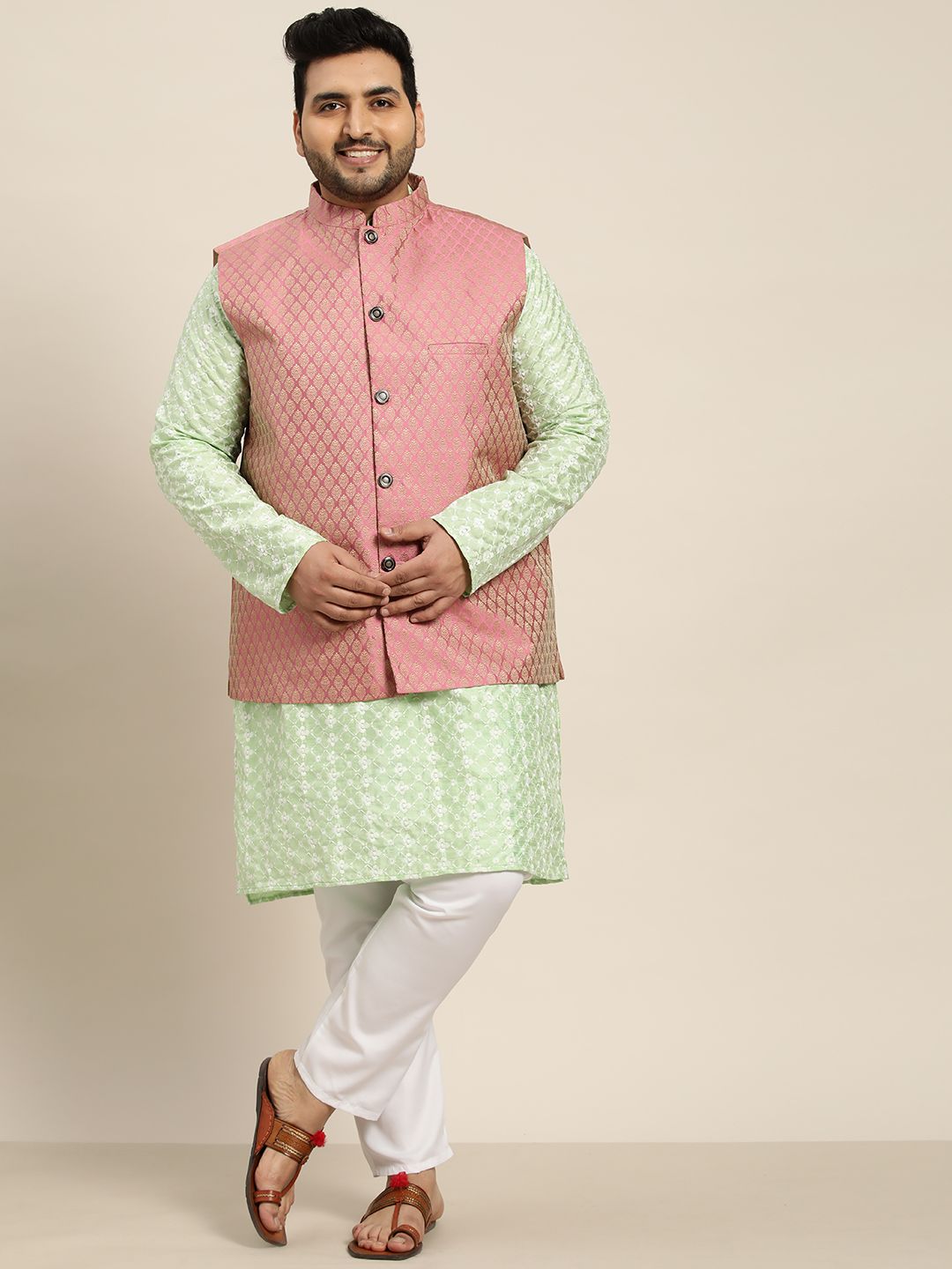 SOJANYA PLUS Men Sea Green Chikankari Embroidered Kurta with Churidar & Nehru Jacket