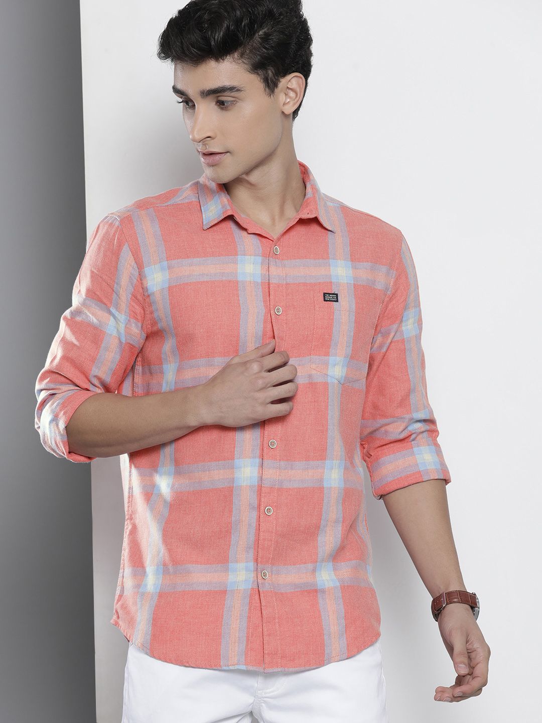 The Indian Garage Co Men Coral Pink & Blue Checked Pure Cotton Casual Shirt